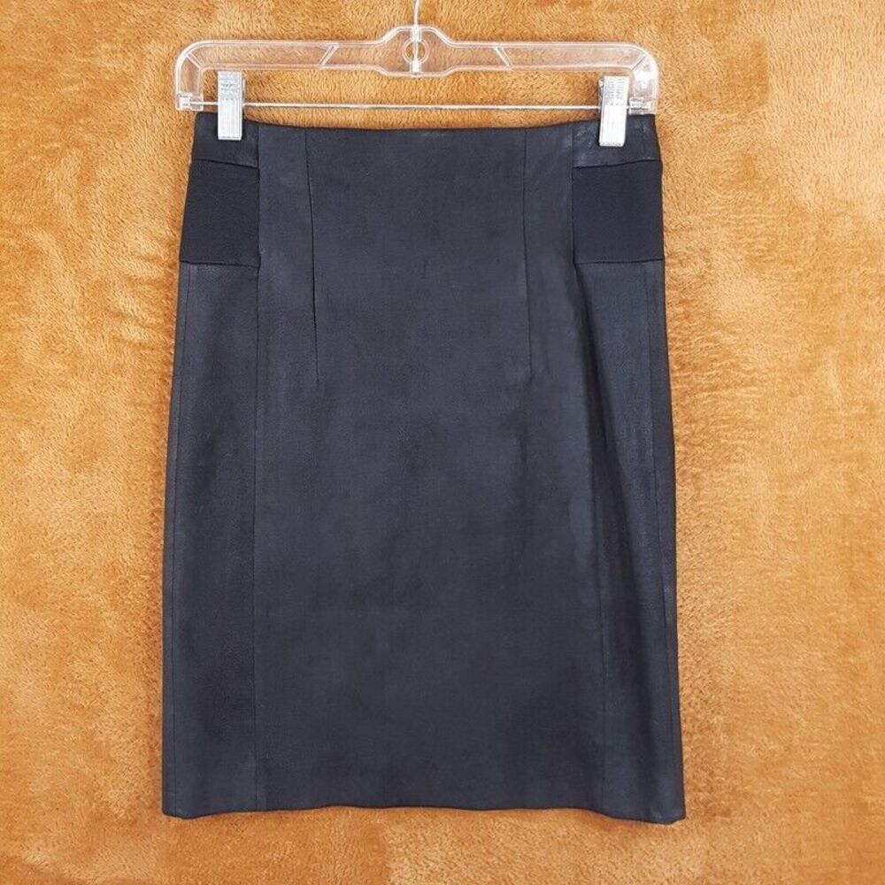 REBECCA TAYLOR Womens Skirt XS Black Suede Pencil Stretch Panel Fitted Zipper